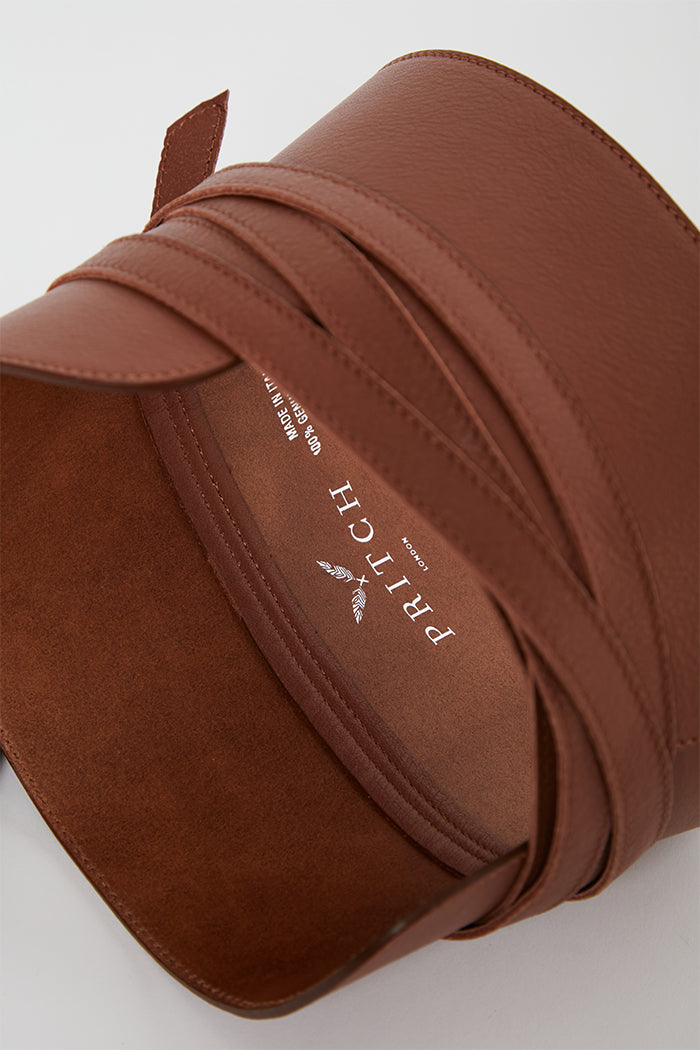 Leather corset waist belt in cognac brown inside details