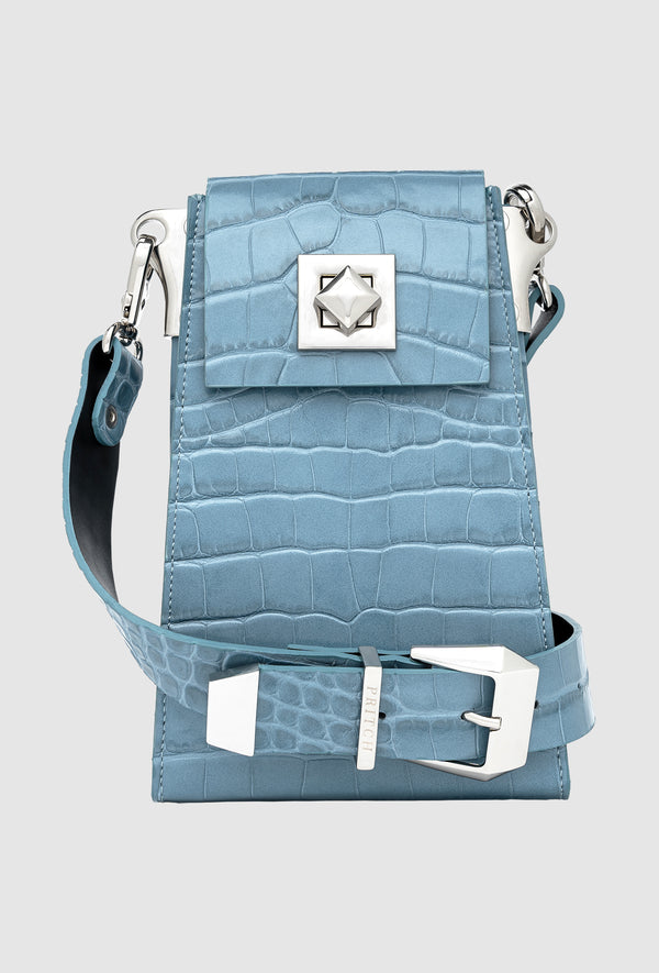 Cross Body Leather Phone Pouch - Croc Embossed Azure Blue