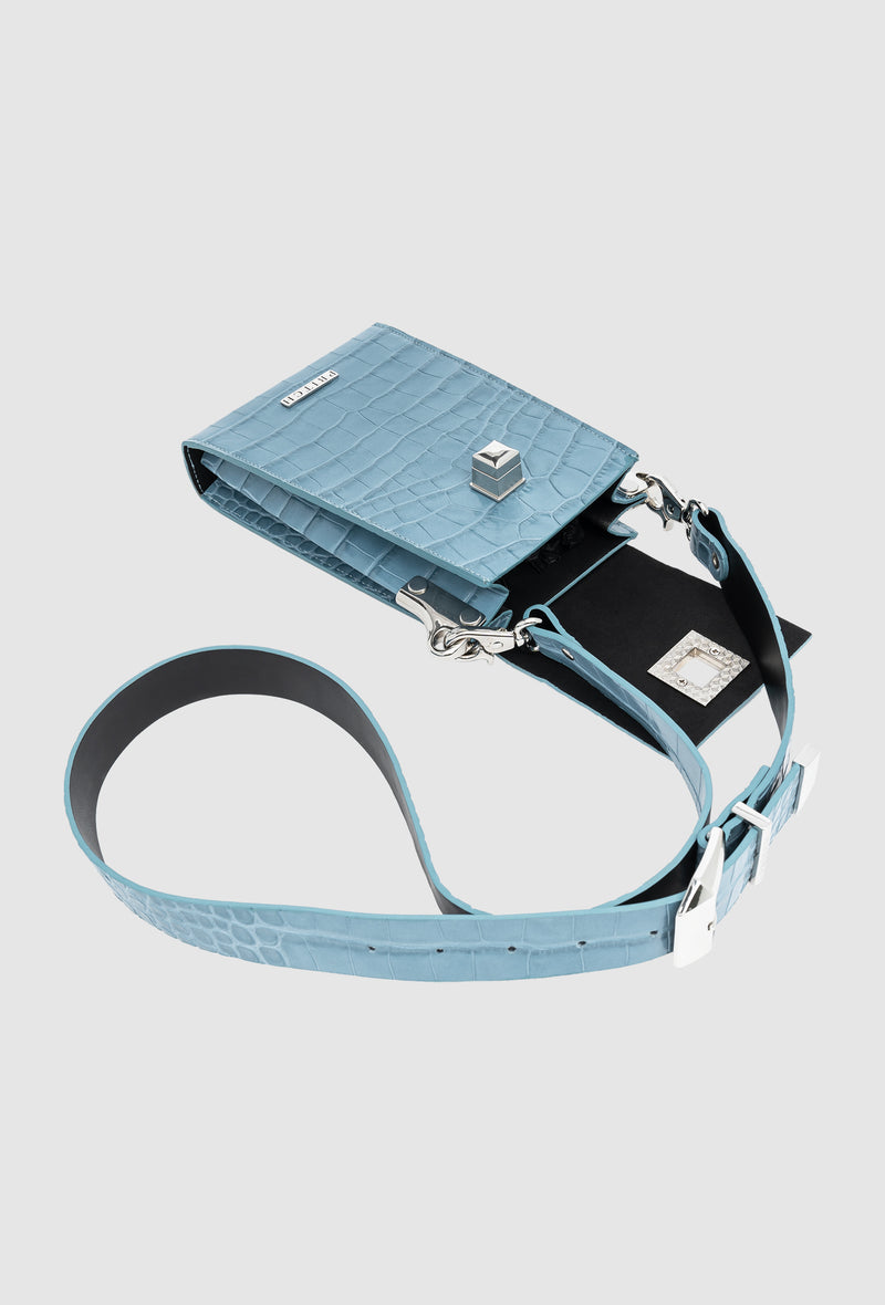 Cross Body Designer Phone Pouch With Strap - Croc Embossed Azure Blue