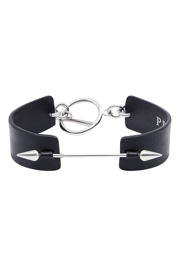 black leather bracelet with silver piercing bar
