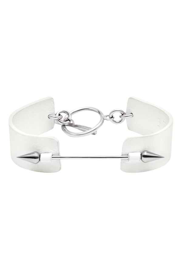 white leather bracelet with piercing metal bar