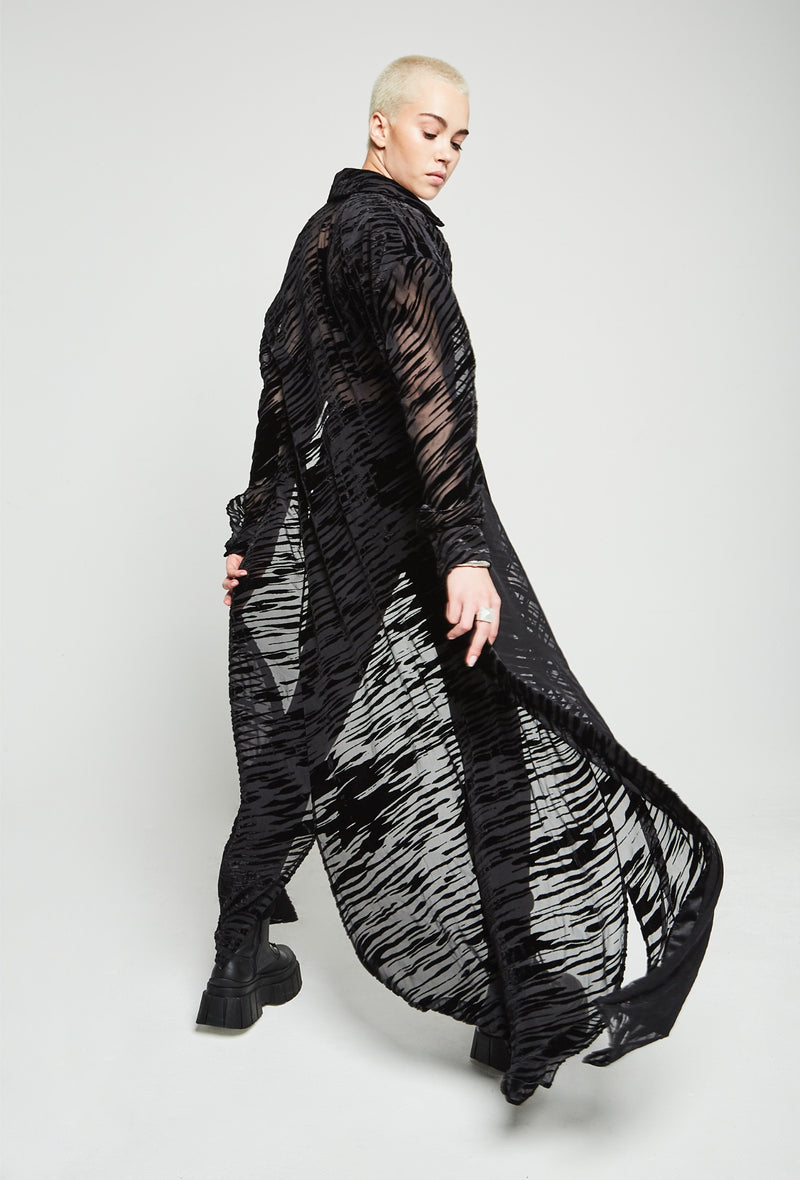 PRITCH DNA Raven Devore Shirt Dress in Black Silk Velvet Devore