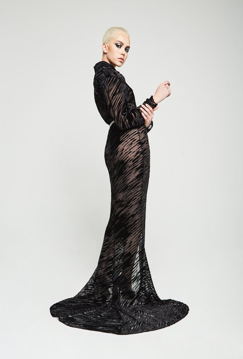 PRITCH DNA Raven Devore Gown in Black Silk Velvet Devore
