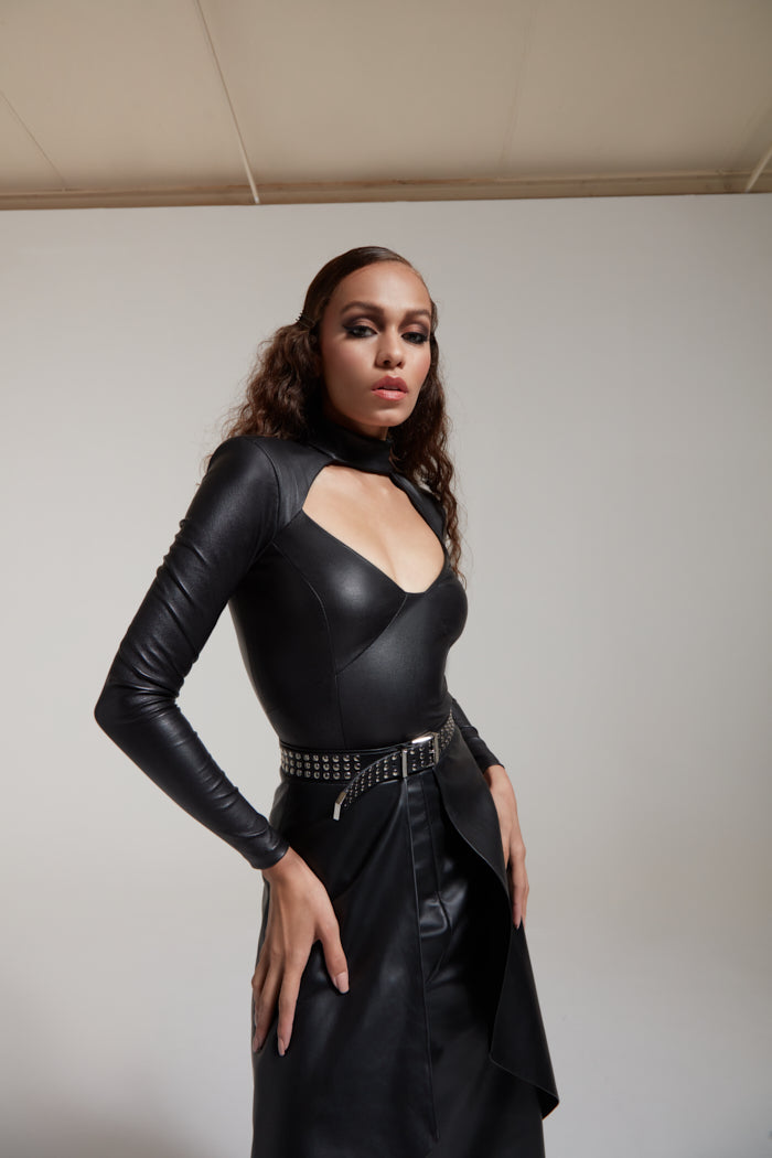 Stretch leather body with cut out detail and fitted sleeves