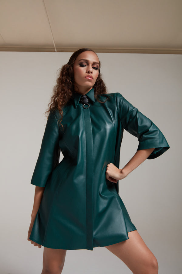 Leather shirtdress with a collar in bottle green