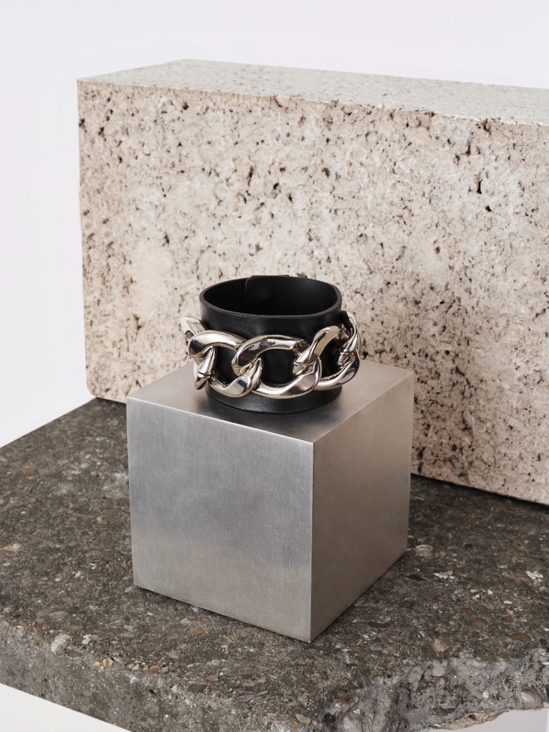 leather black bracelet silver chunky chain