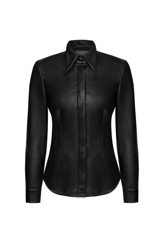 Leather shirt with exaggerated collar