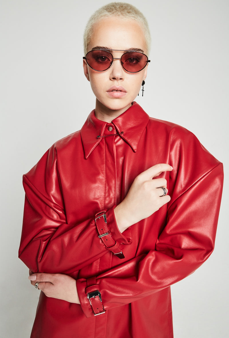 PRITCH DNA Sharp Shoulder Leather Shirt Dress in Red Nappa