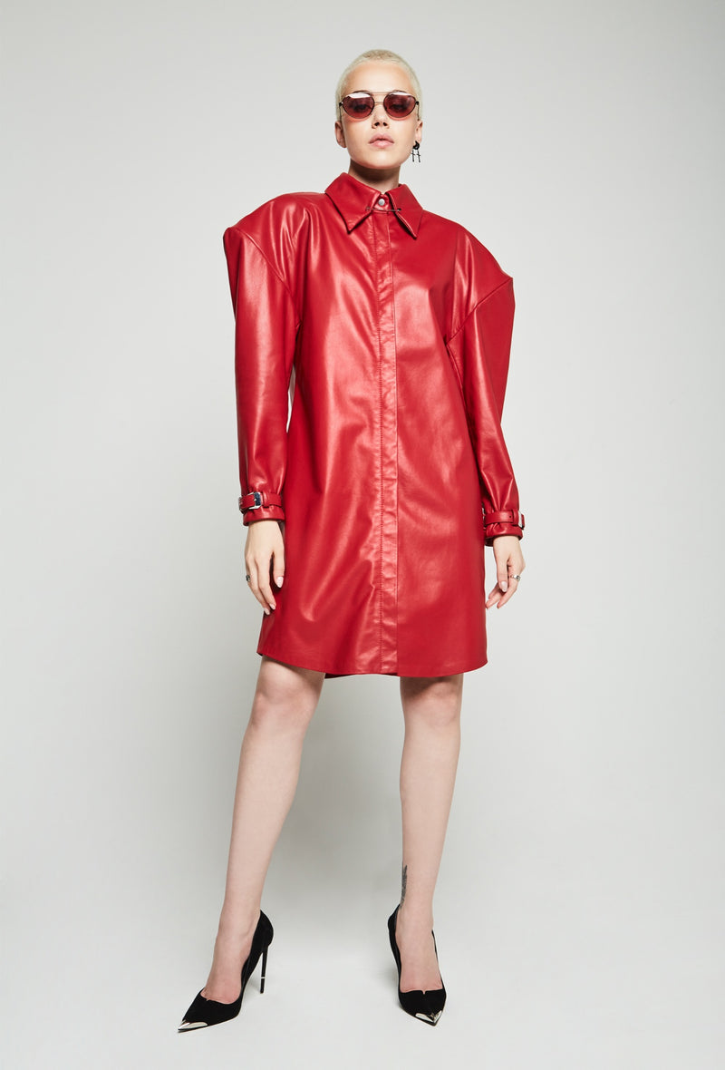PRITCH DNA Sharp Shoulder Leather Shirt Dress in Red Nappa (front)