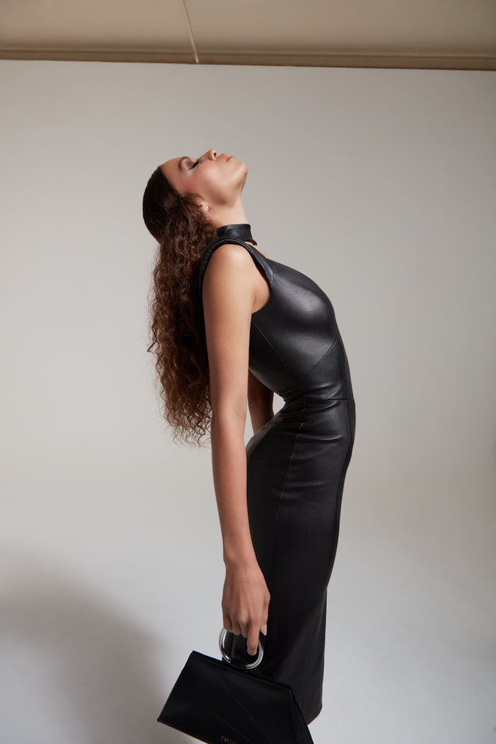 Sacral Stretch black leather dress