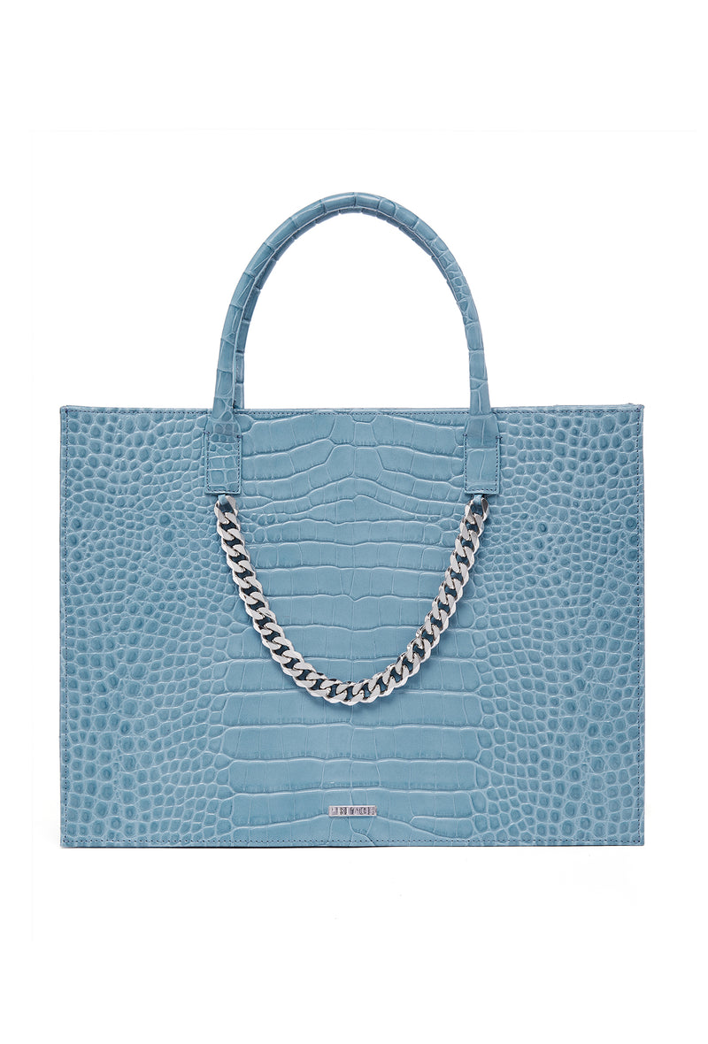 PRITCH Croc-Embossed Leather Tote Bag in Azure Blue