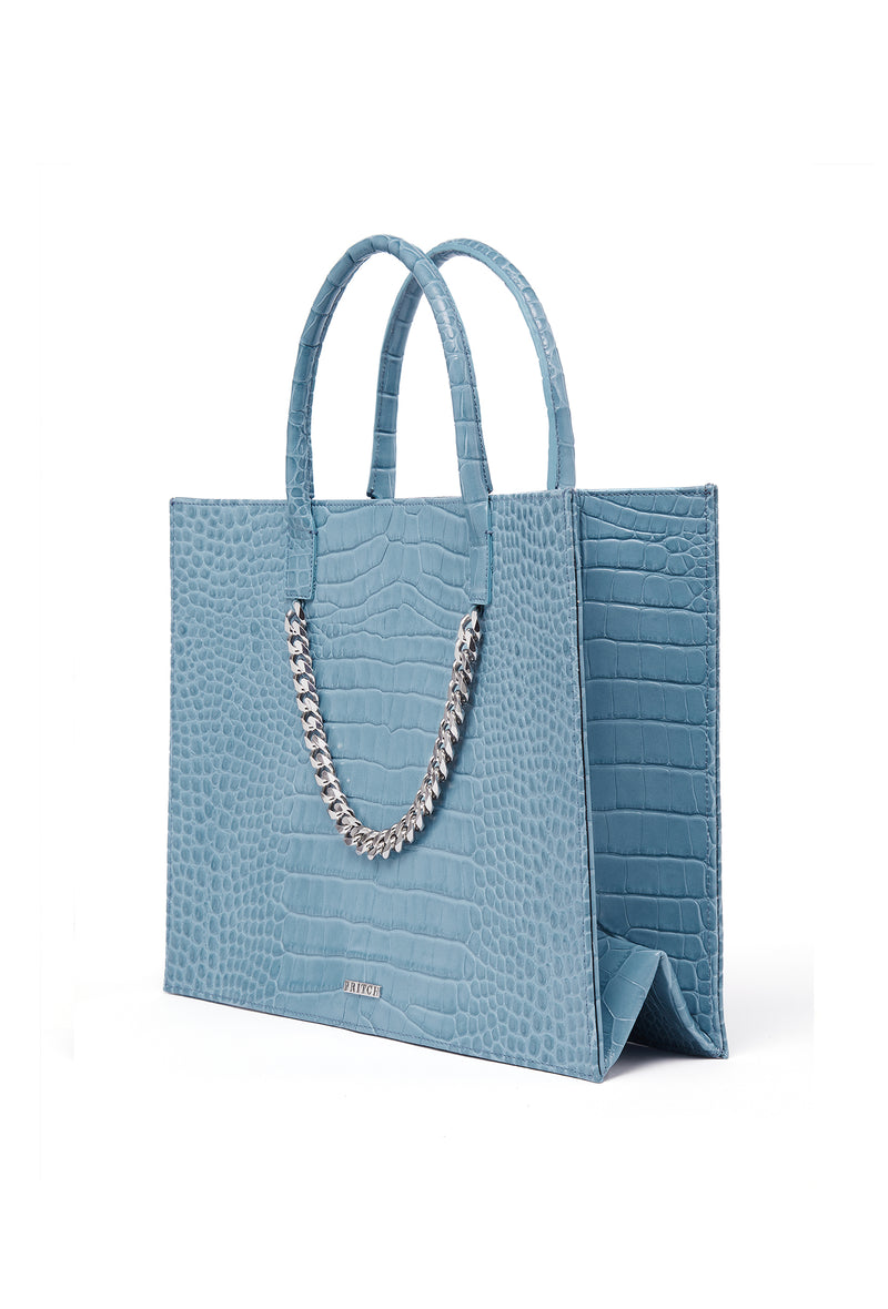 PRITCH Croc-Embossed Designer Leather Tote Bag in Azure Blue