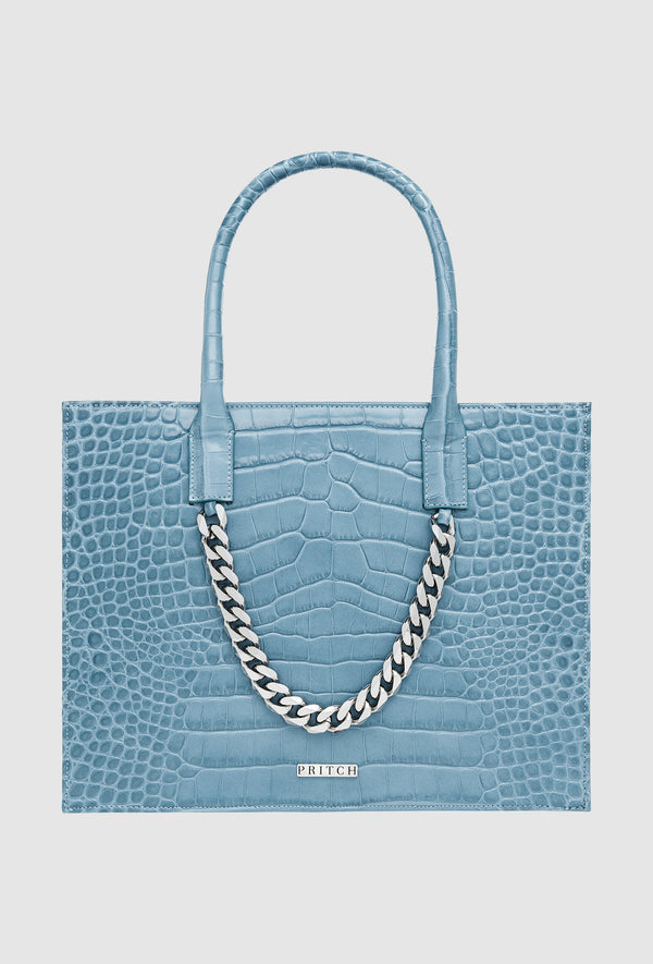 Croc-Embossed Soft Leather Tote Bag Mini in Azure Blue