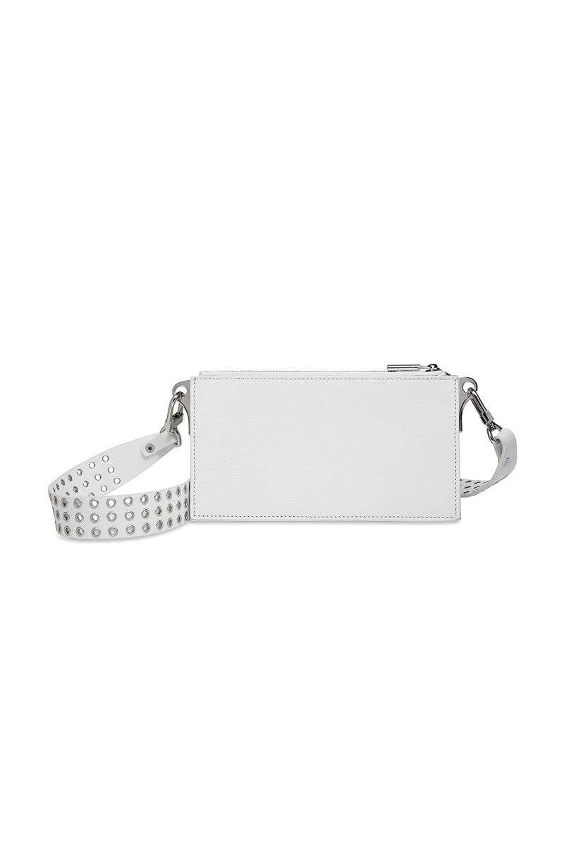 Leather White Crossbody Bag With Pierced Back Details and Studded Strap Buckle Details