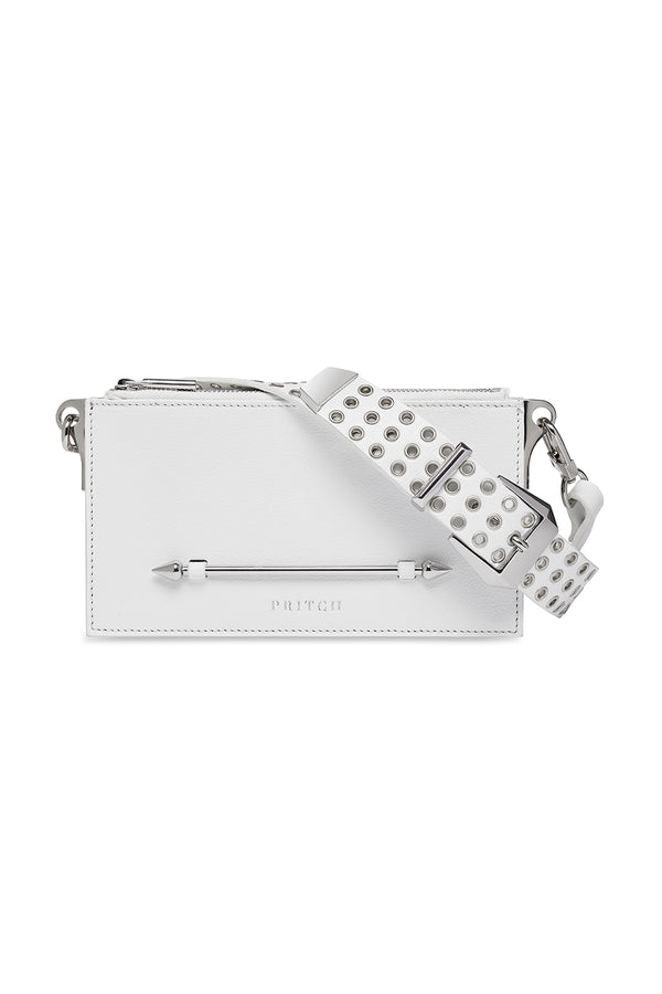 Leather White Crossbody Bag With Pierced Front Details and Studded Strap Buckle Details
