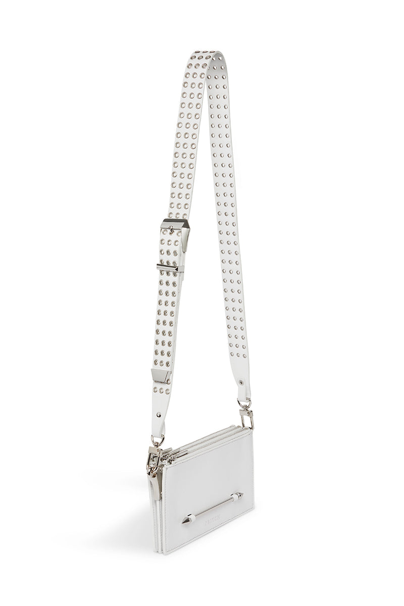 Leather White Crossbody Bag With Pierced Side Details and Studded Strap Buckle Details
