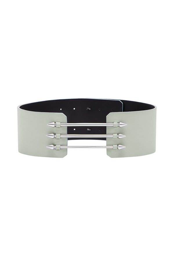 Sky Grey Leather Waist Belt with metal bars on the front