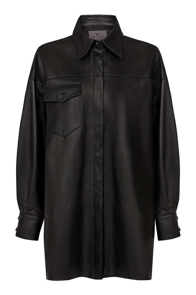 Black Leather Oversized Shirt Front With Pocket Details