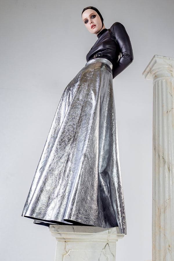Maxi leather skirt in silver