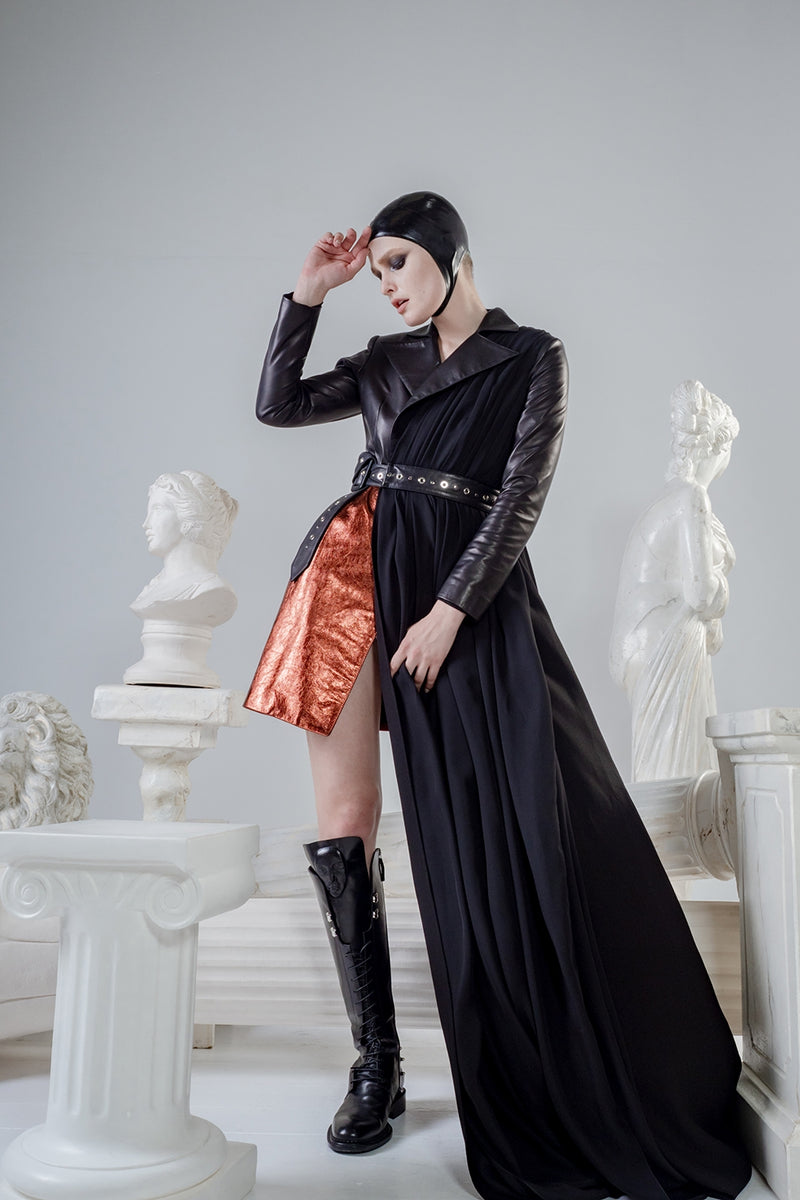 Hecate show piece leather jacket with long tale and studded leather belt