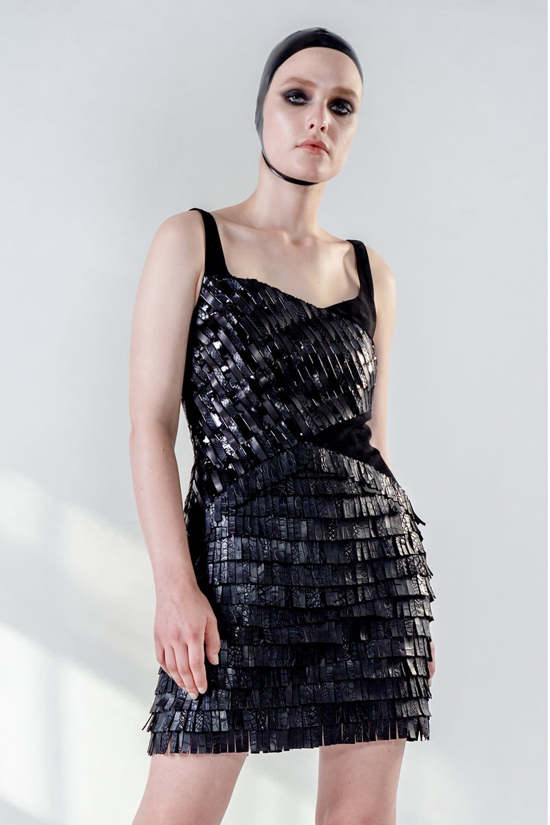 Nyx handmade couture black leather dress with leather sequins
