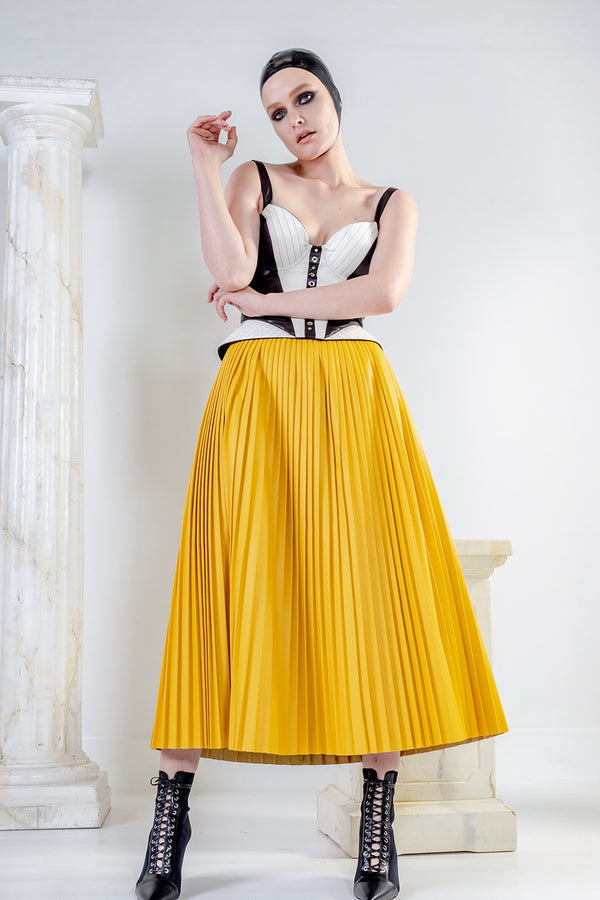EOS leather pleated skirt in yellow ankle length