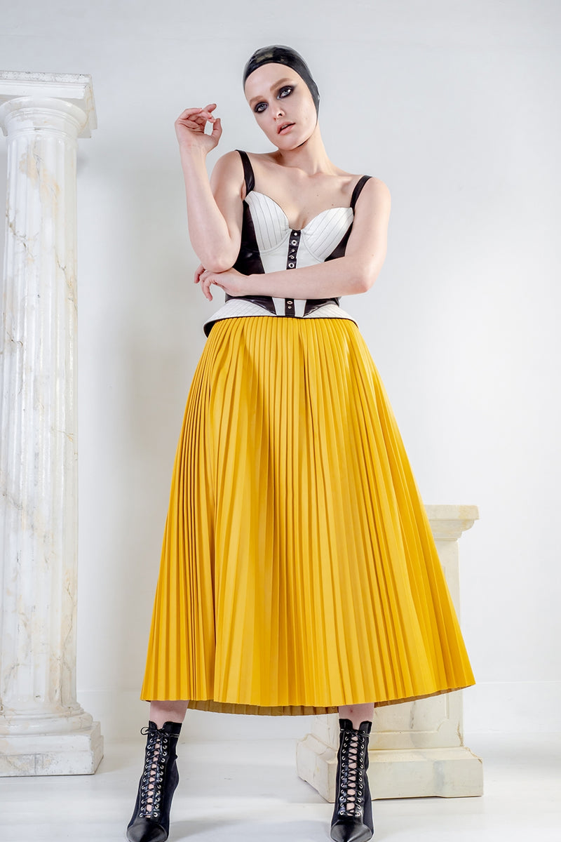 EOS leather pleated skirt in yellow ankle length