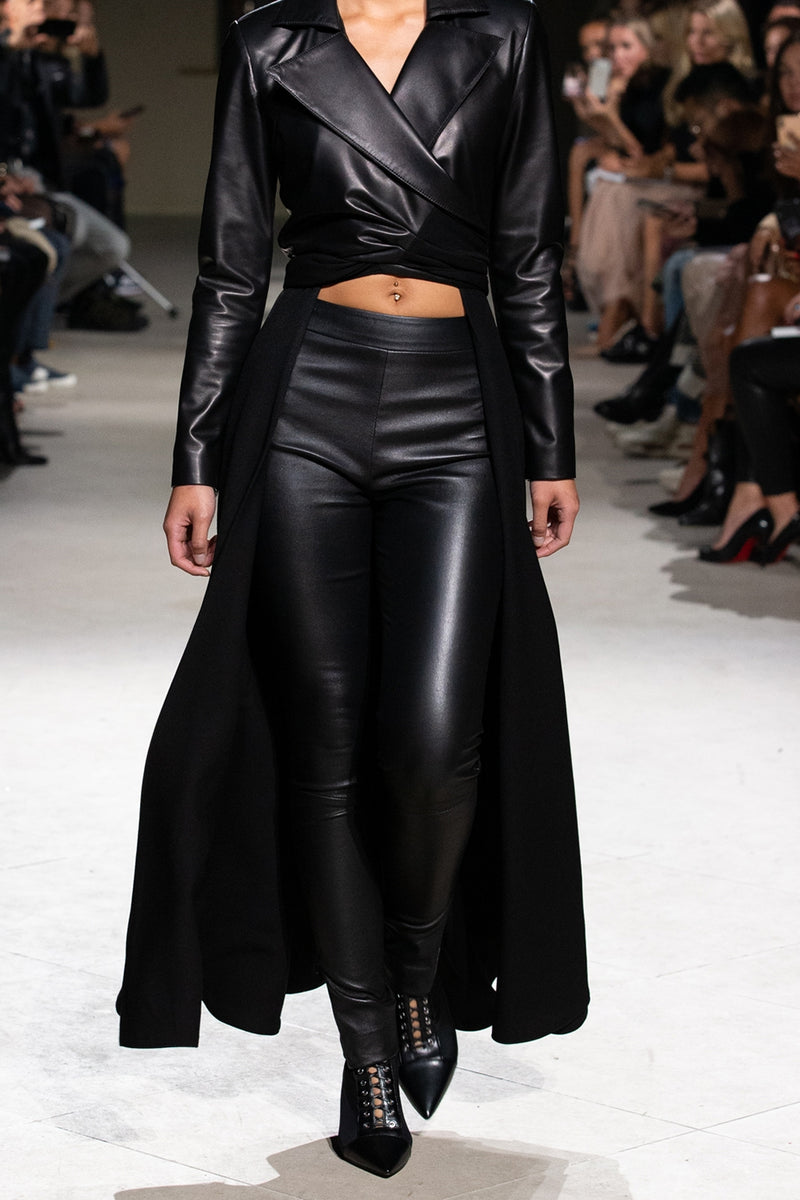 black stretch leather leggings fashion show