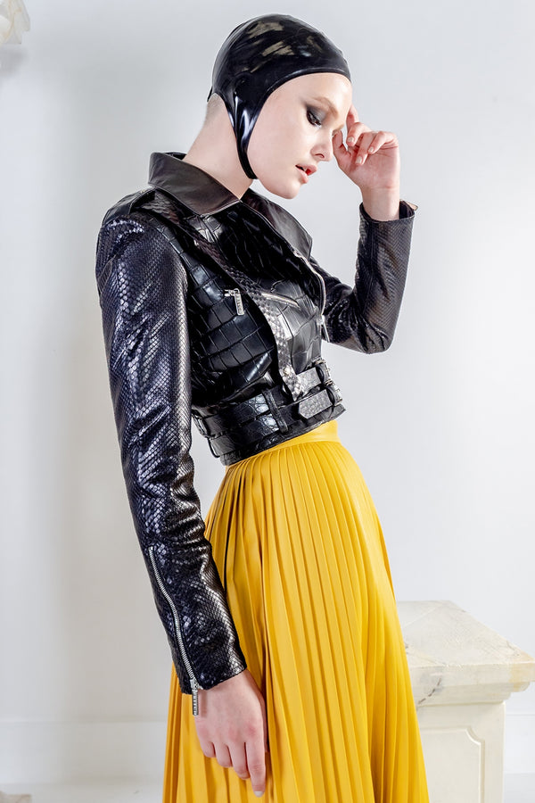 Rhapso cropped biker's leather jacket in black with crocodile and python leather